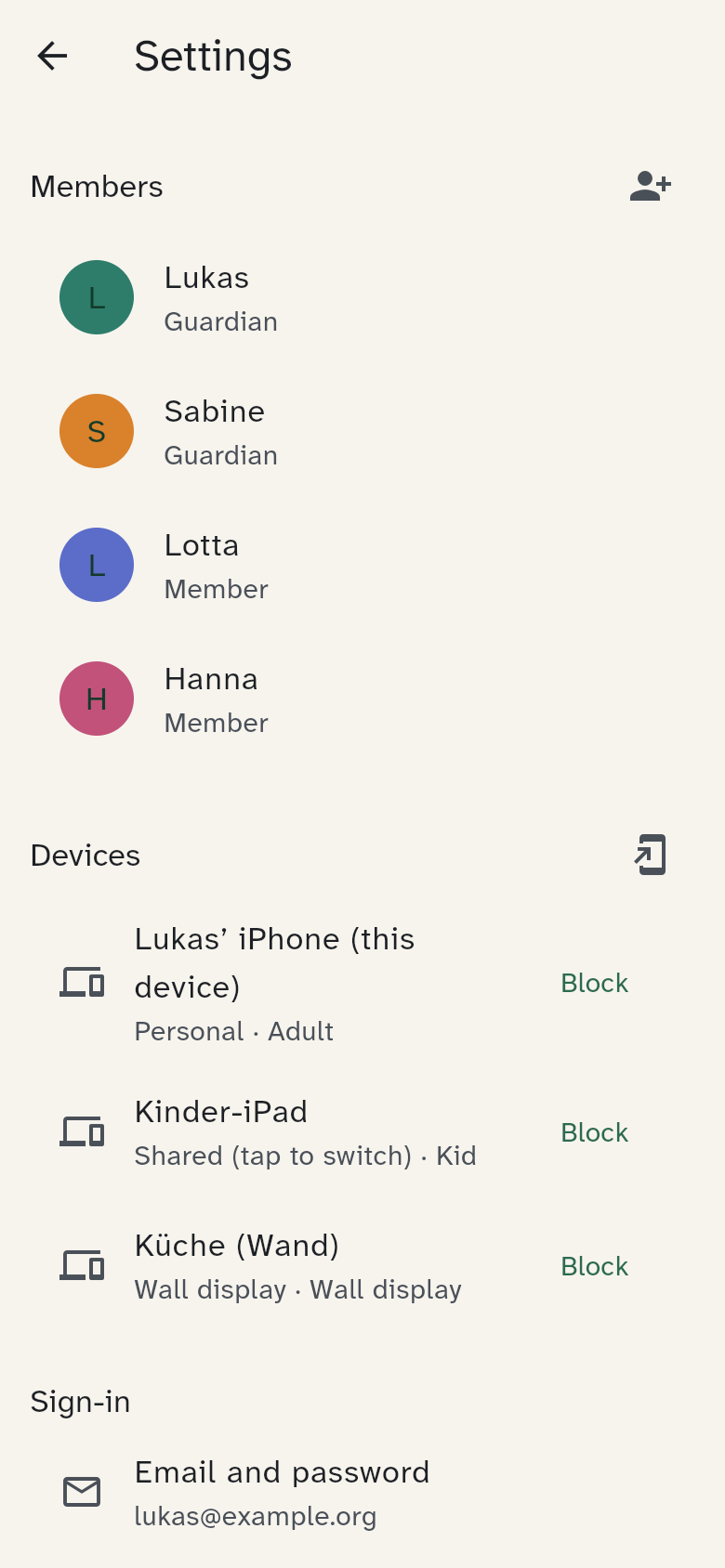 Settings with members and devices