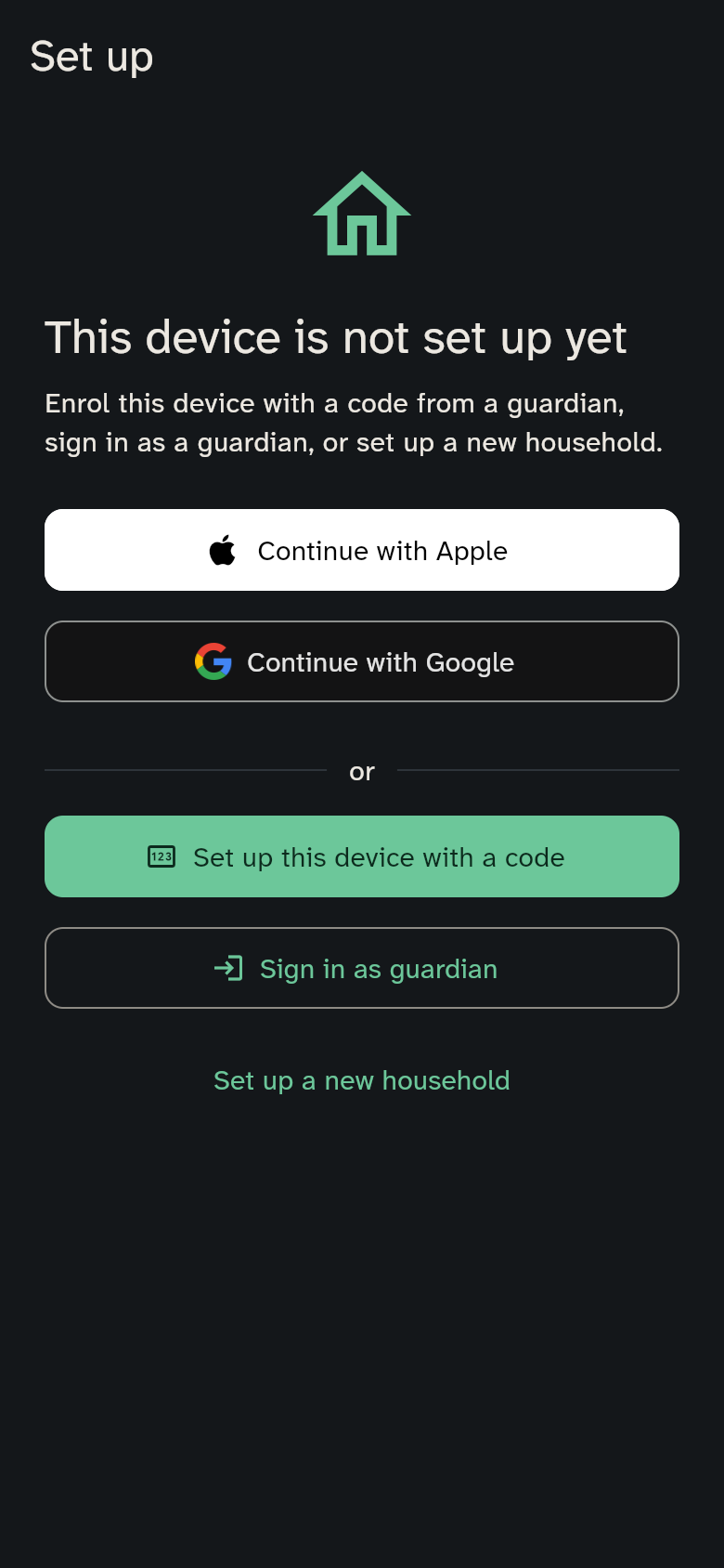 Start screen of a device that is not set up yet