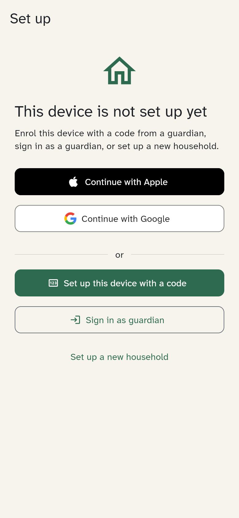 Start screen of a device that is not set up yet