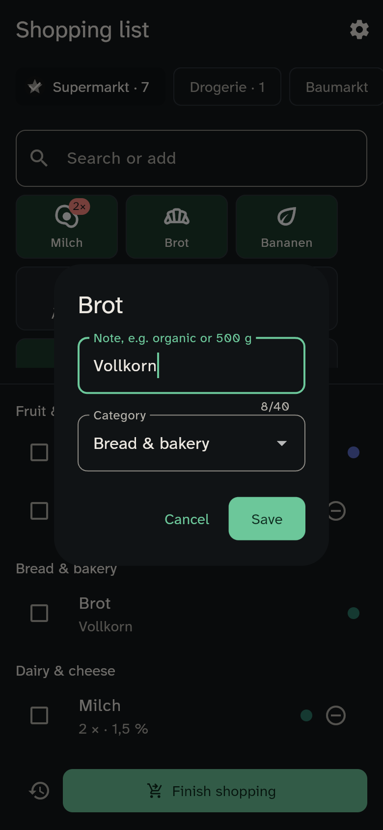 Dialog for editing an item