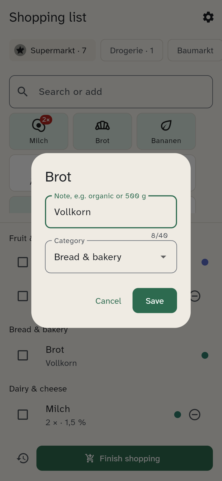 Dialog for editing an item