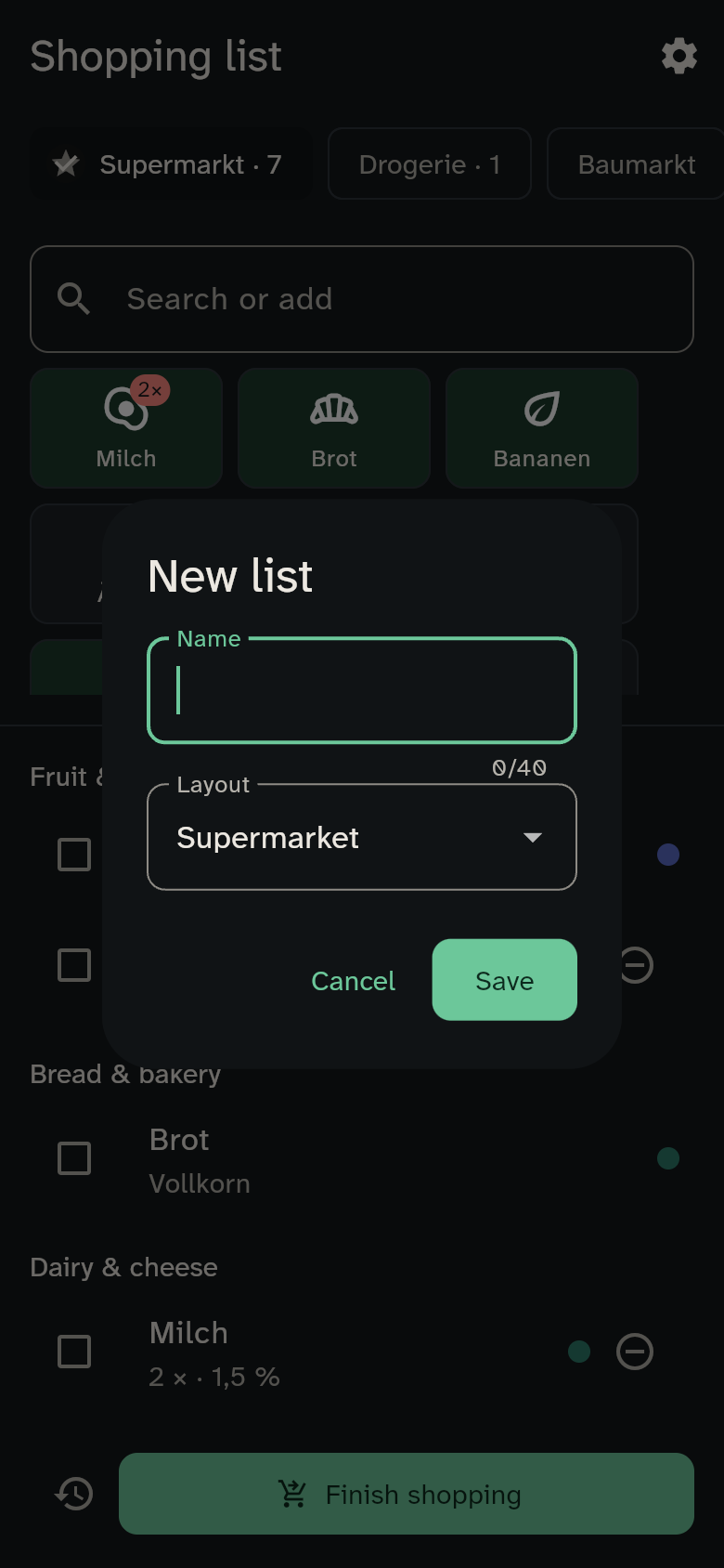 The “New list” dialog