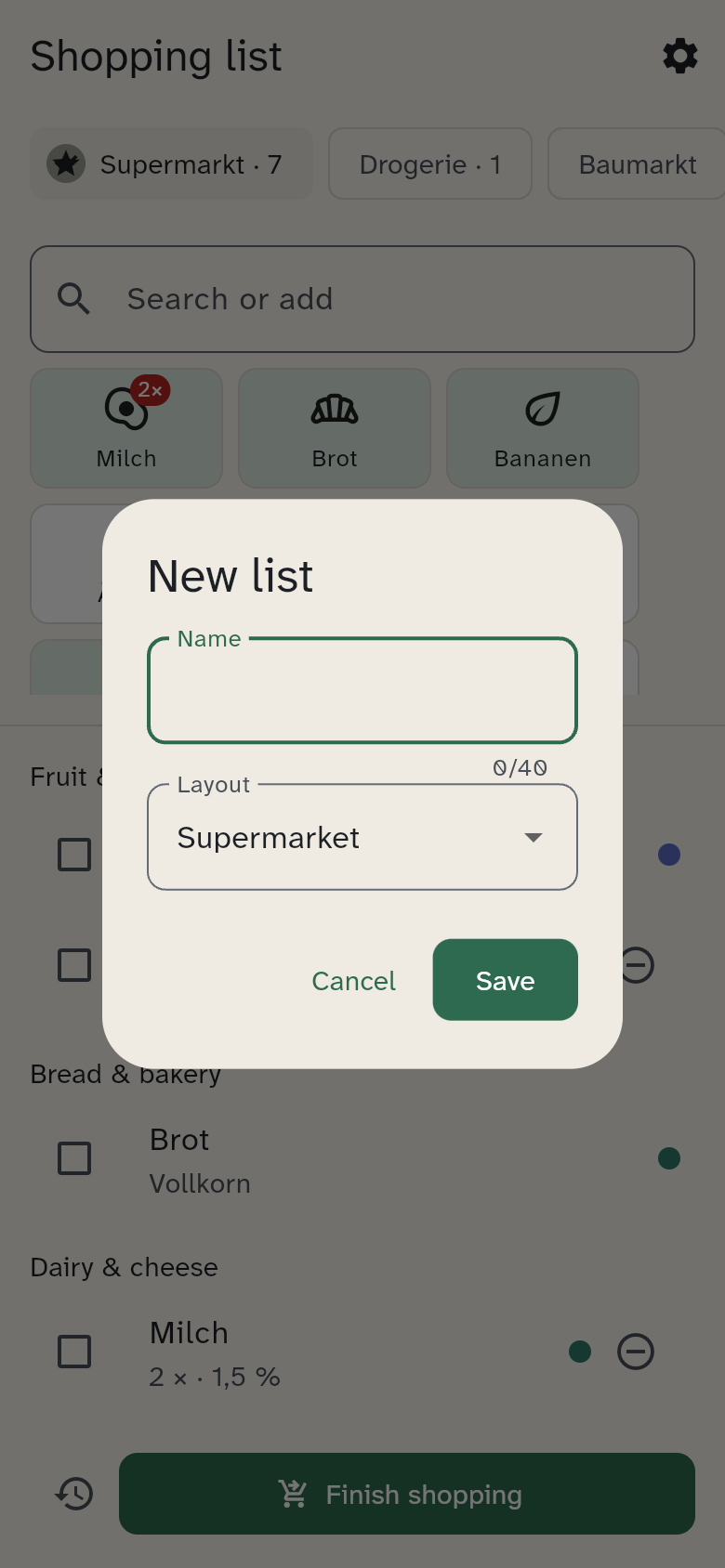 The “New list” dialog