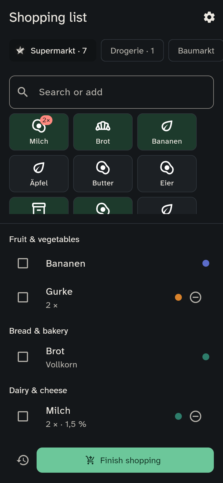 Shopping list with tiles on top and items by category below
