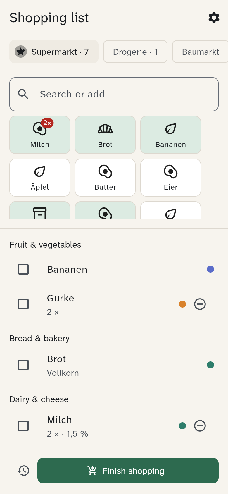Shopping list with tiles on top and items by category below