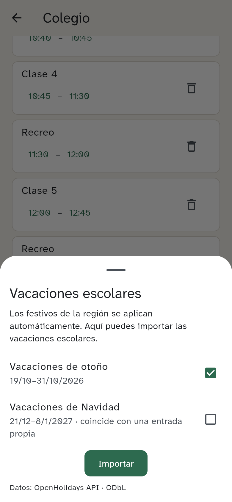 Las vacaciones para importar y las ya importadas