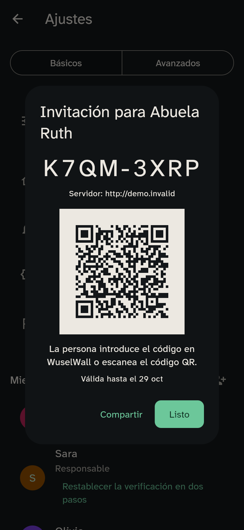 La invitación de Abuela Ruth con QR y opción de compartir