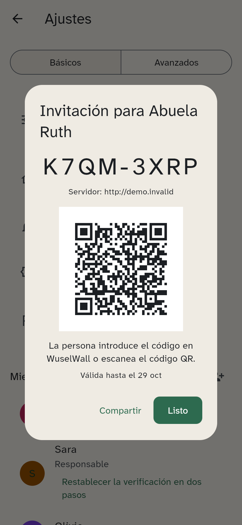 La invitación de Abuela Ruth con QR y opción de compartir