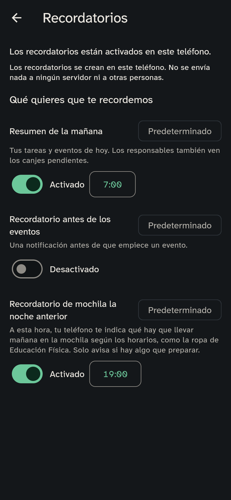 Los ajustes de recordatorios