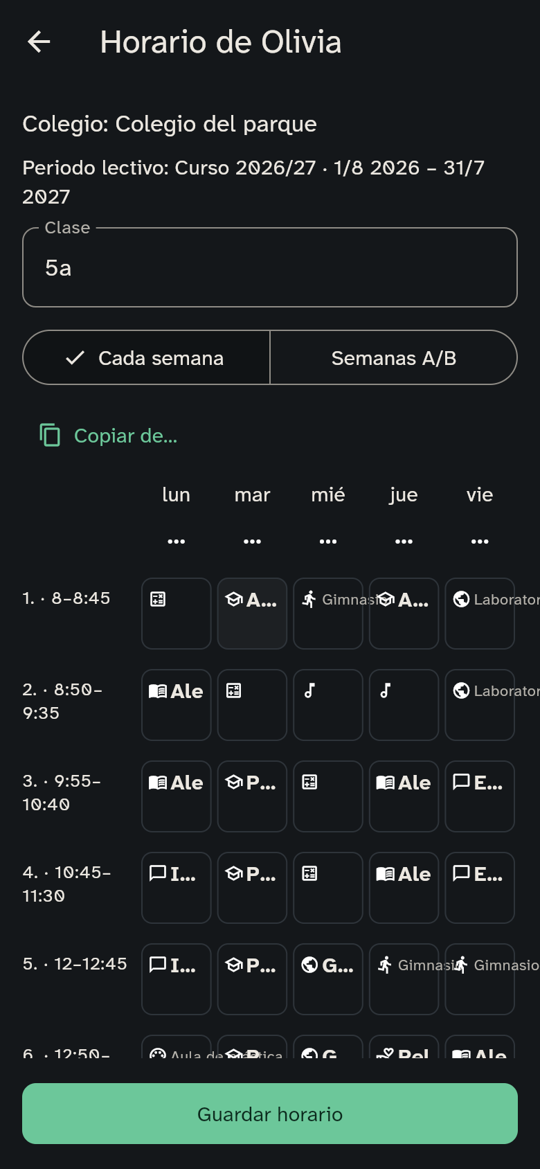 El editor con colegio, periodo y botón Guardar visible