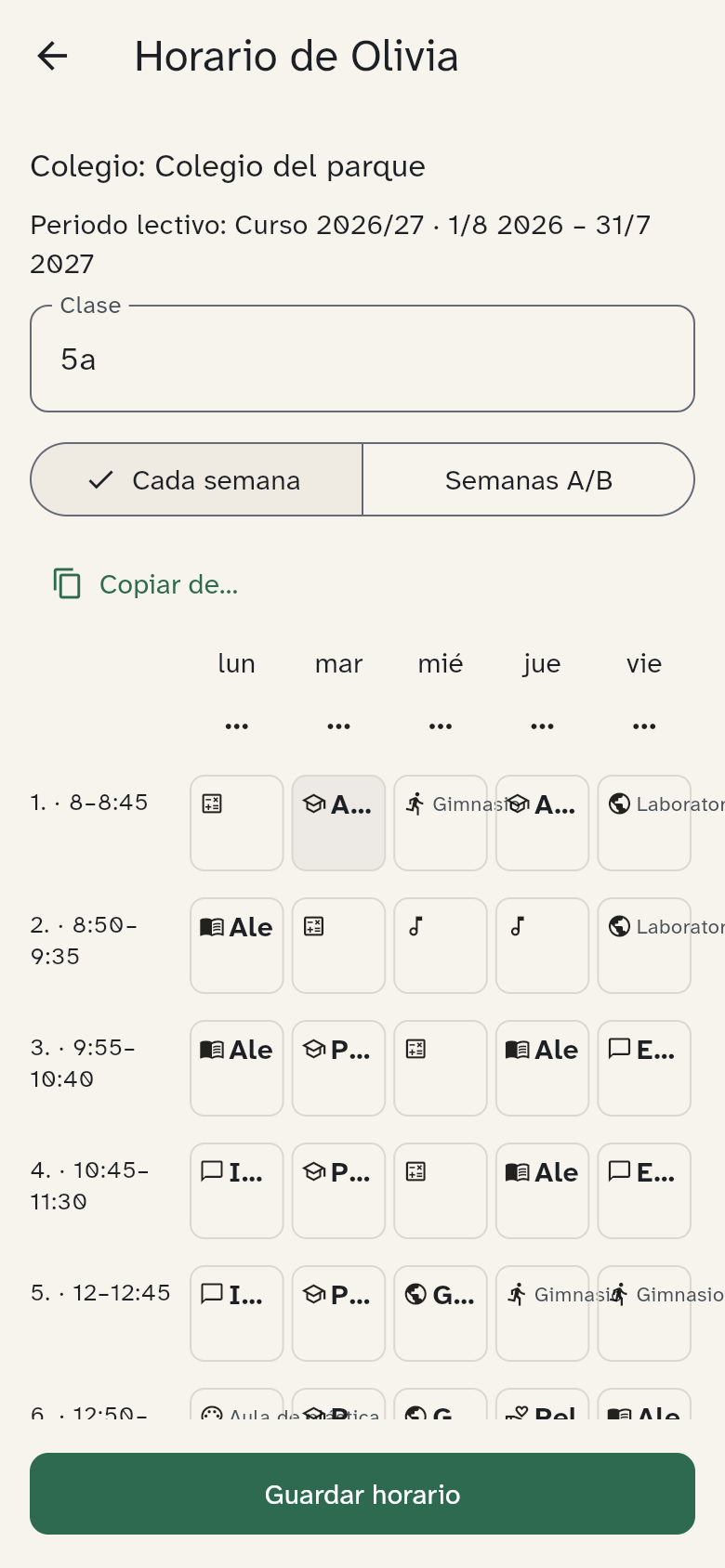 El editor con colegio, periodo y botón Guardar visible