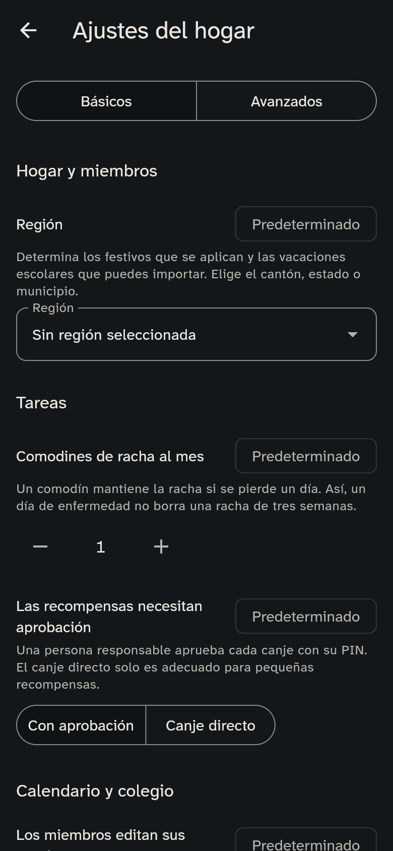 Los ajustes de tareas, calendario, comidas y pantalla de cocina