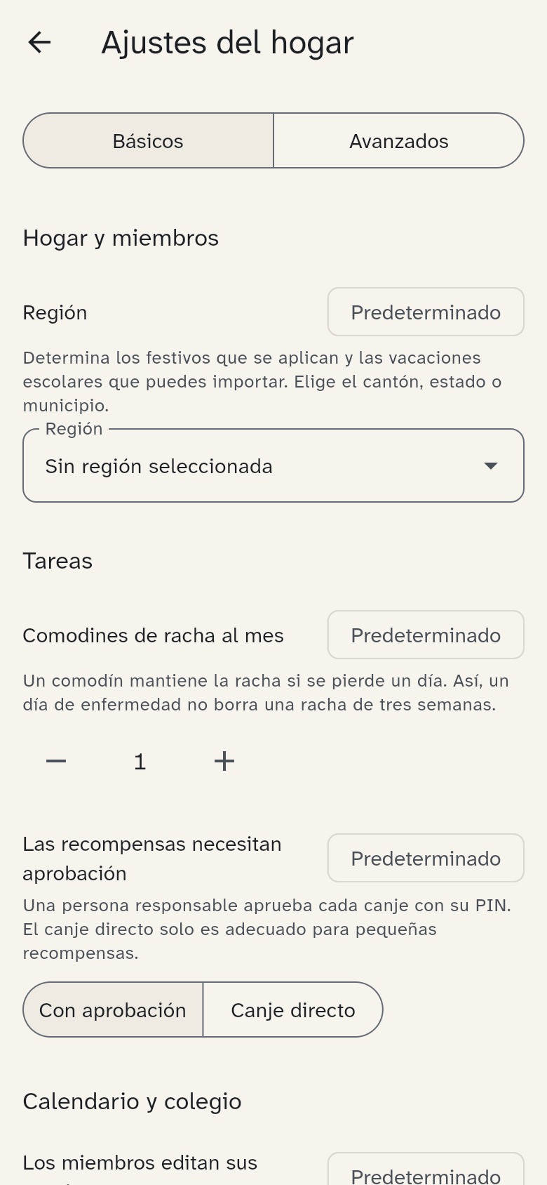 Los ajustes de tareas, calendario, comidas y pantalla de cocina