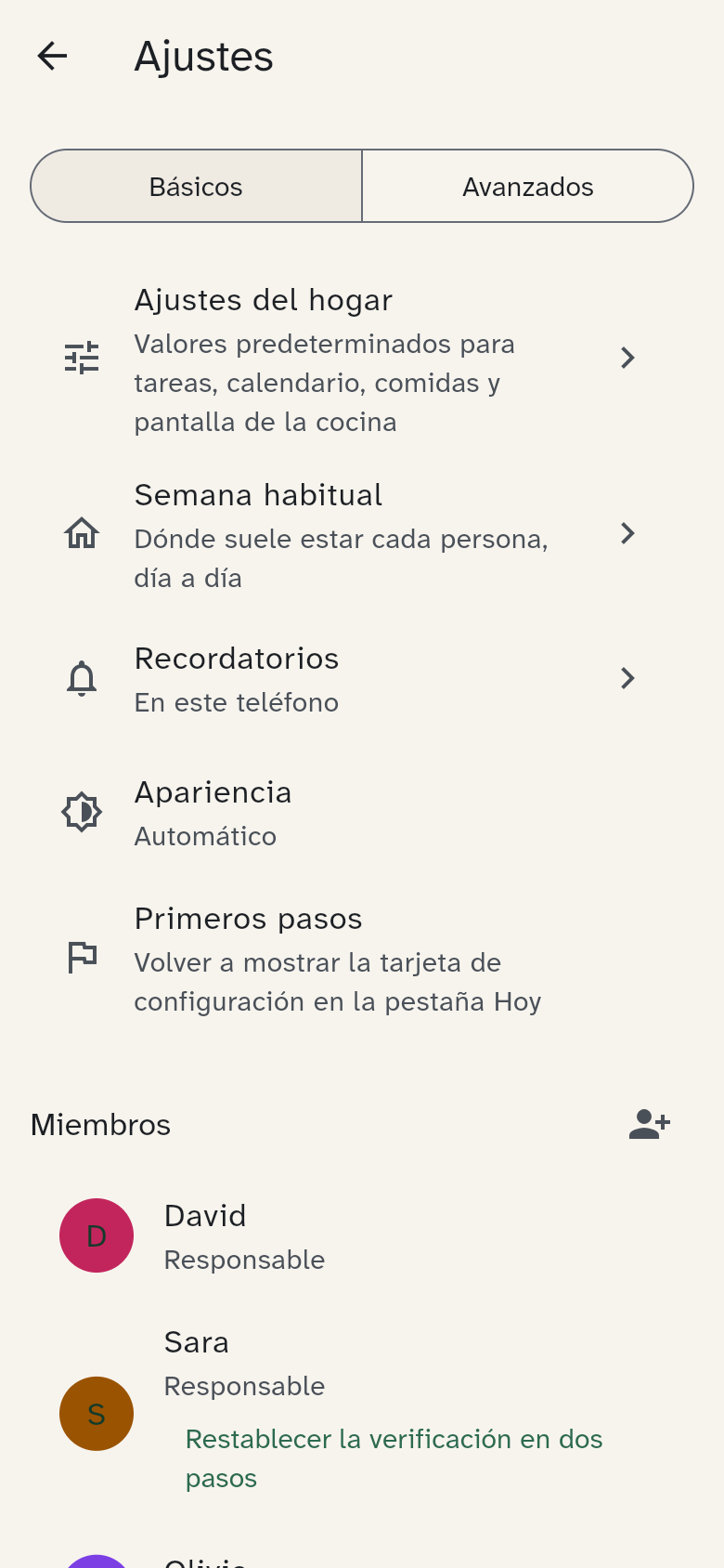 Los ajustes con miembros y dispositivos