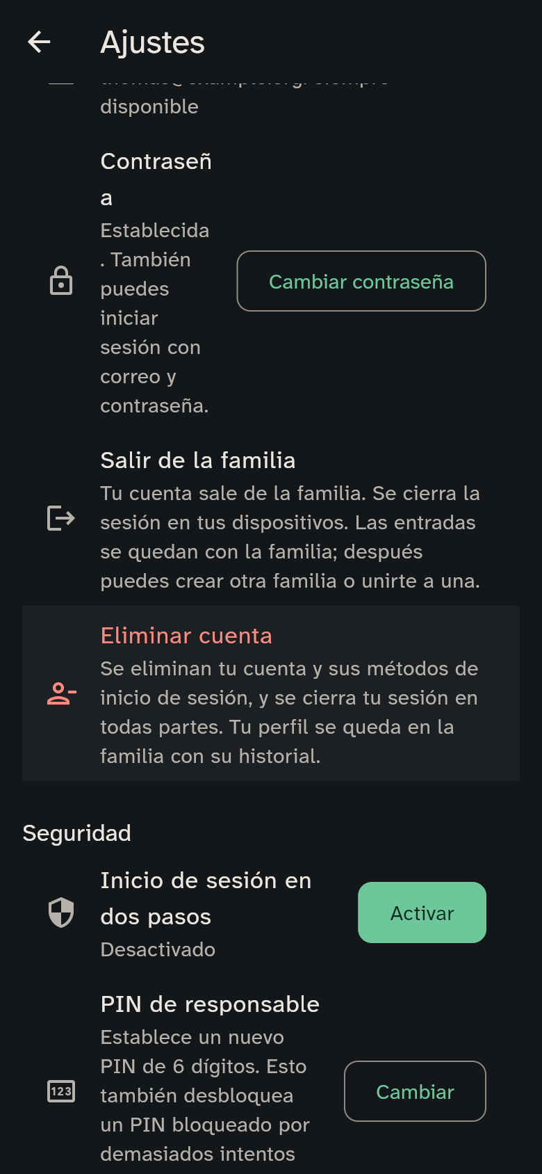 Los ajustes de inicio de sesión y contraseña