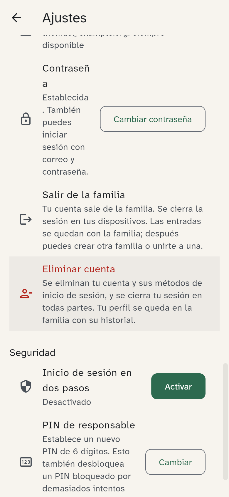Los ajustes de inicio de sesión y contraseña