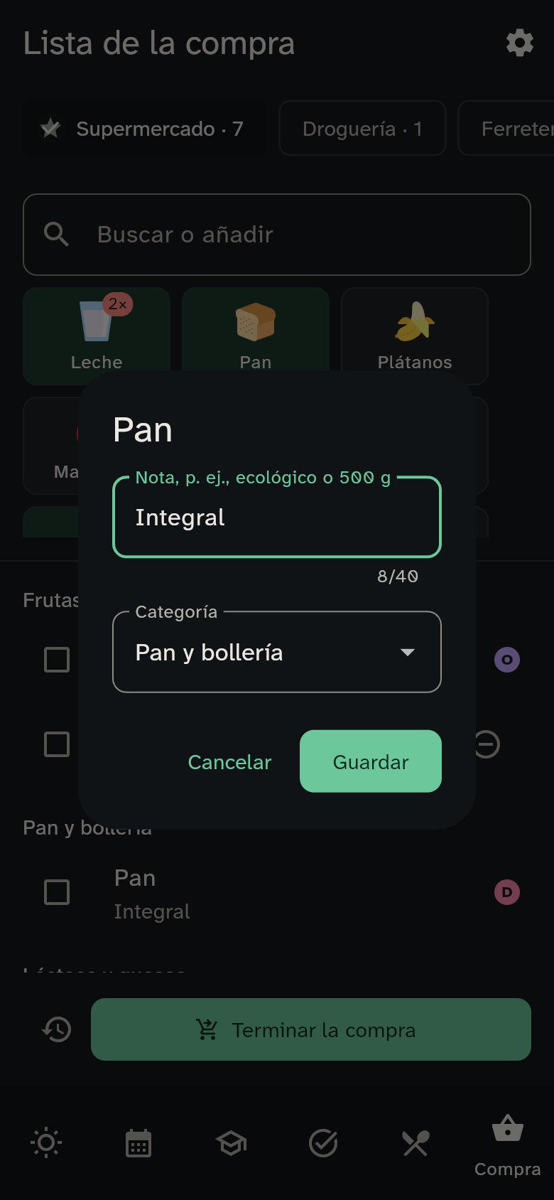 El formulario de edición de un producto