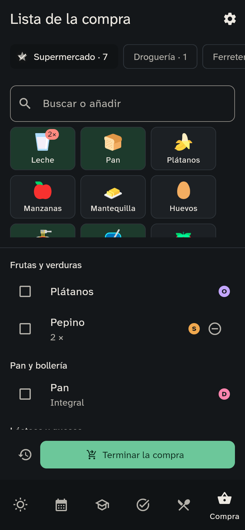 Las tarjetas y la lista de productos por secciones