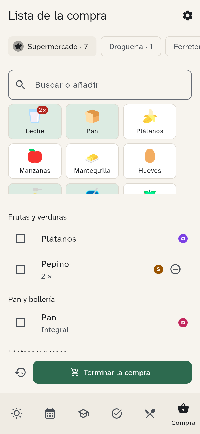 Las tarjetas y la lista de productos por secciones