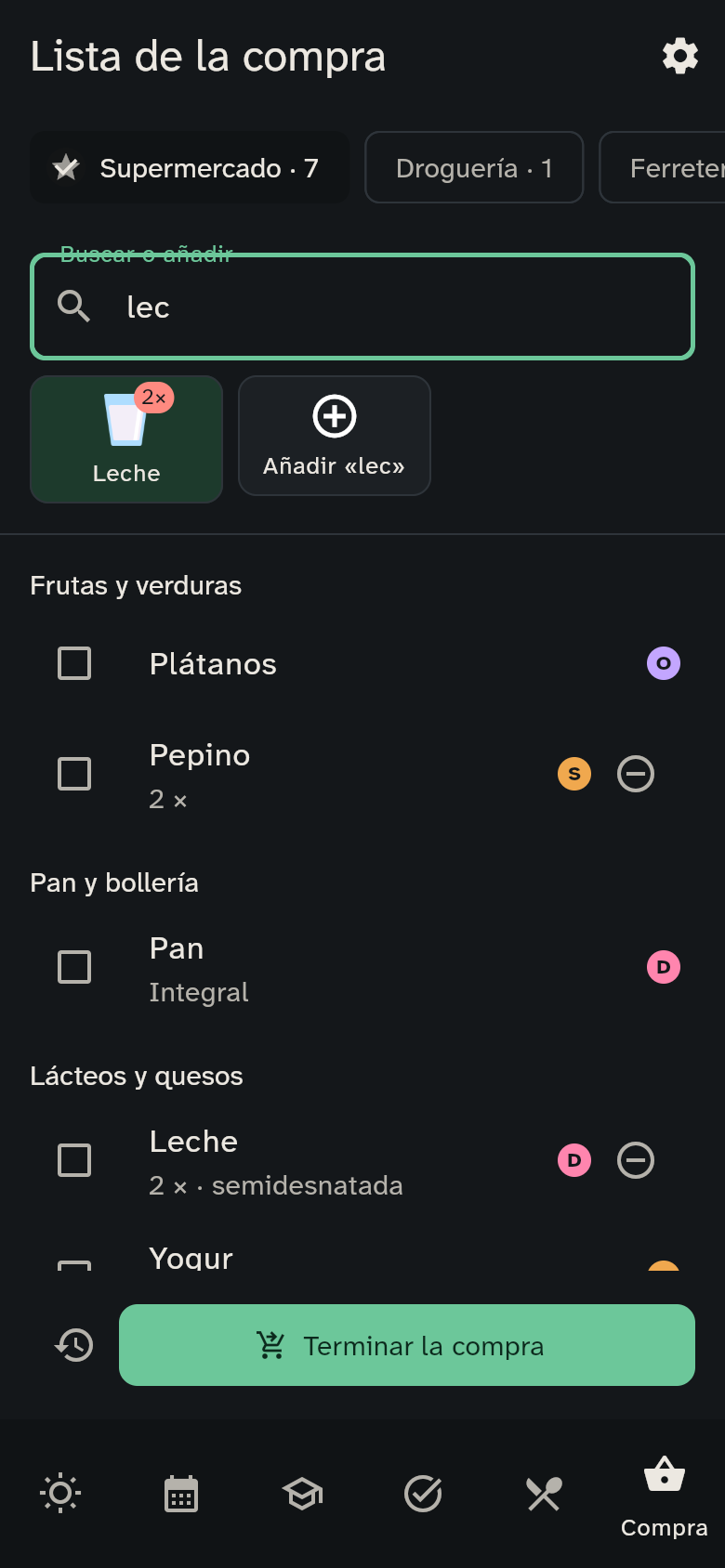 La búsqueda de leche con los productos correspondientes