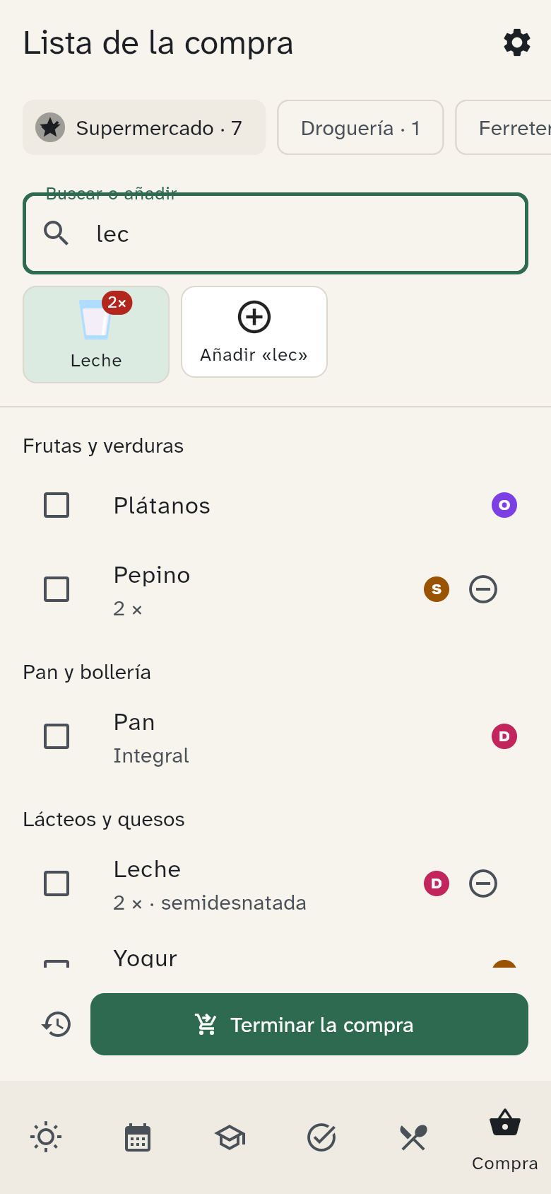 La búsqueda de leche con los productos correspondientes
