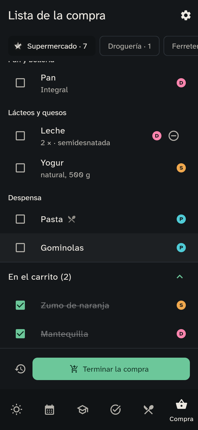 La sección En el carrito desplegada