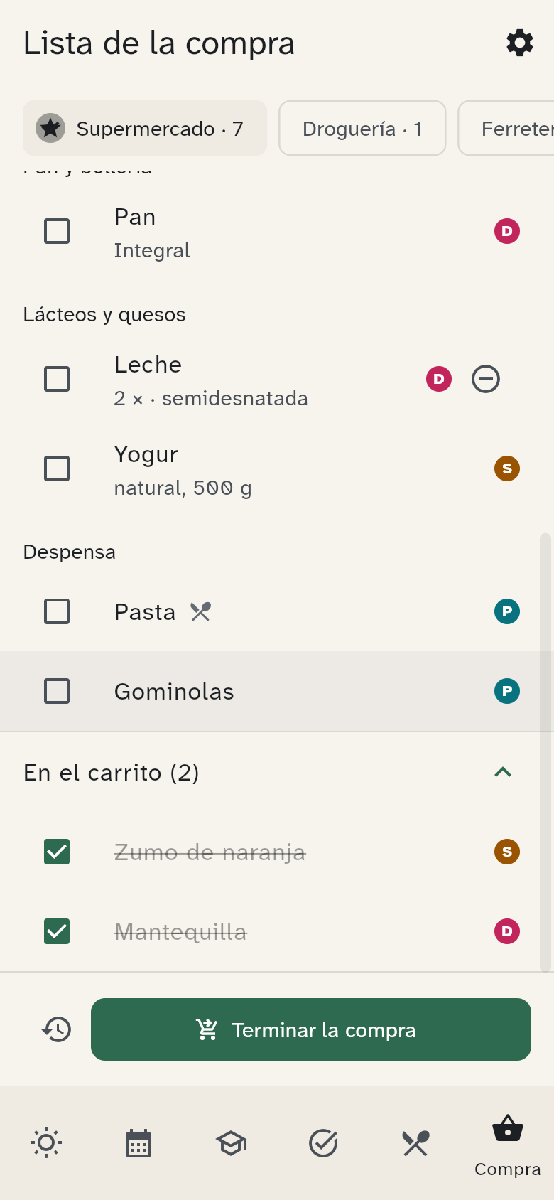 La sección En el carrito desplegada