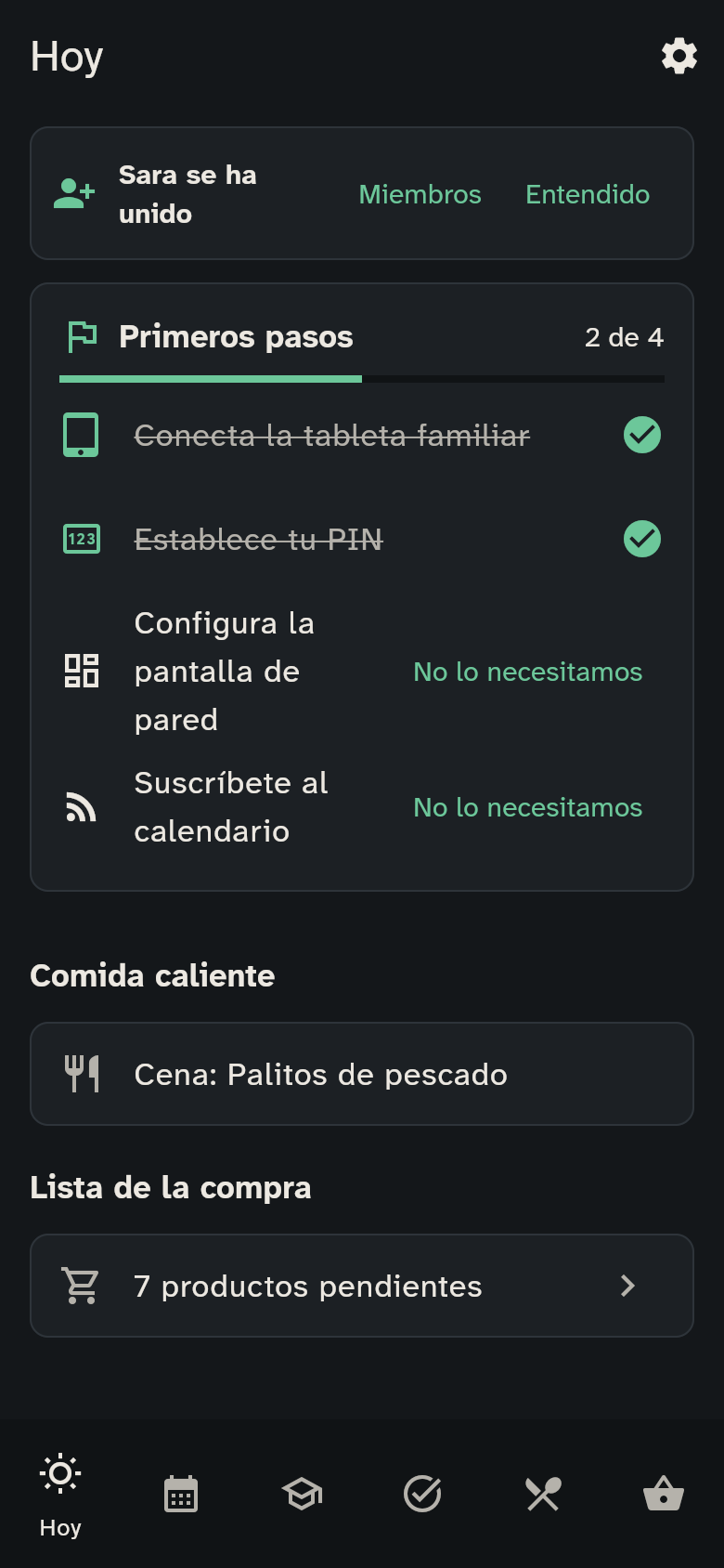La pestaña Hoy con los primeros pasos, las citas y la comida caliente