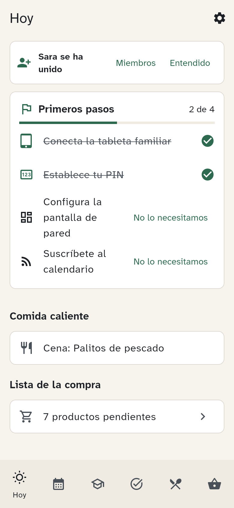 La pestaña Hoy con los primeros pasos, las citas y la comida caliente