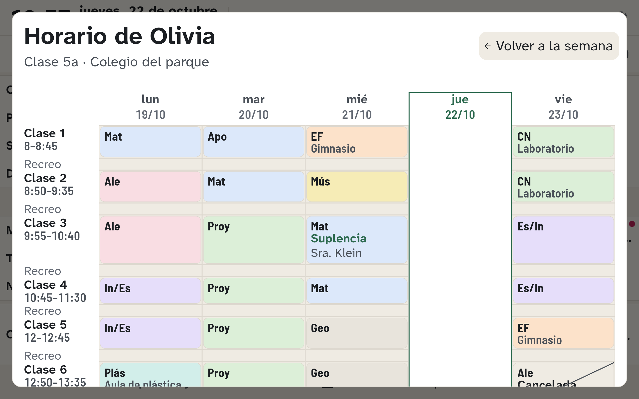 El horario semanal de un niño en la pared