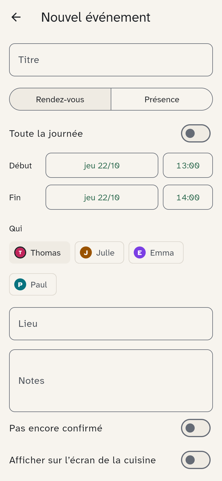 La création d’un événement avec les participants et la répétition