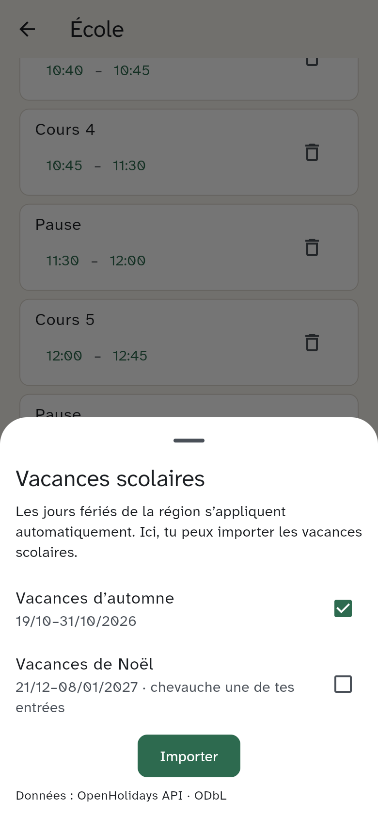 L’aperçu des vacances à importer et des périodes déjà importées