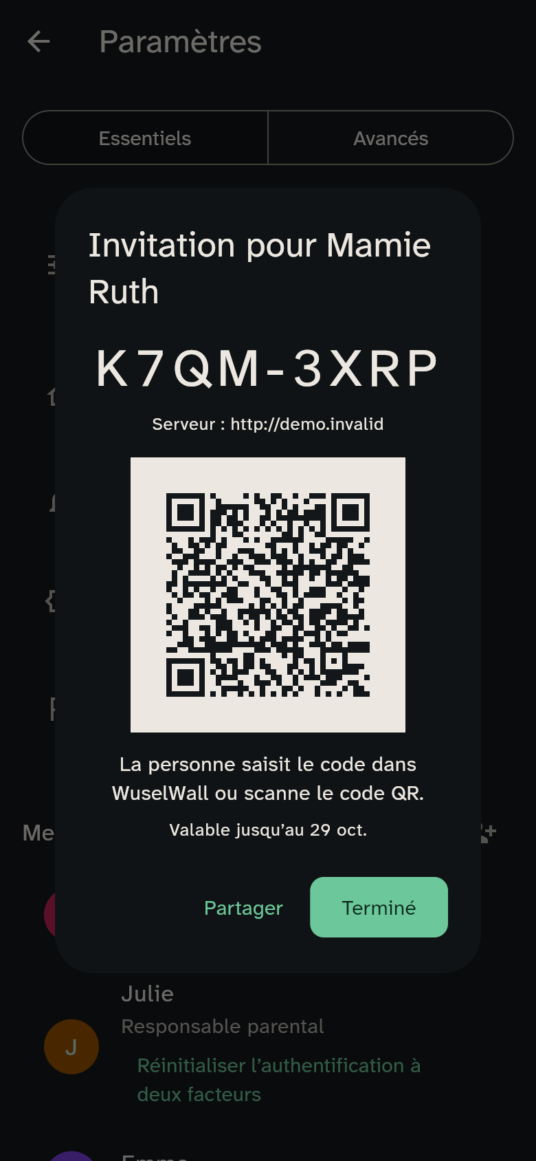 L’invitation de Mamie Ruth, son code QR et le partage