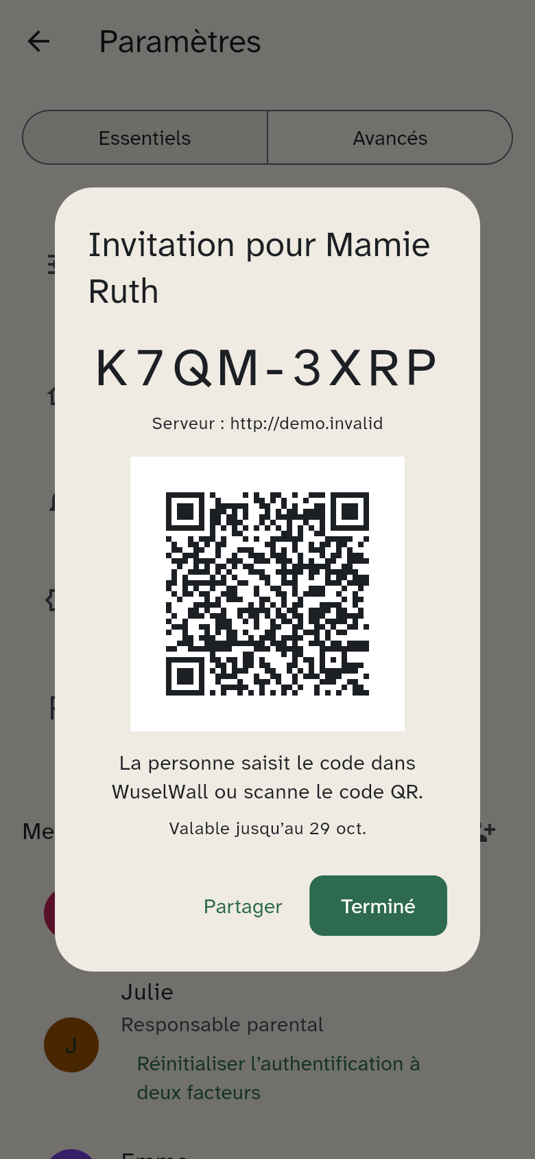 L’invitation de Mamie Ruth, son code QR et le partage