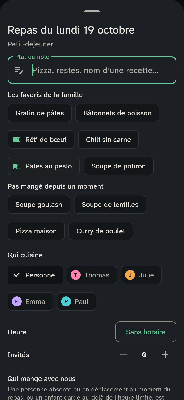 Les suggestions de favoris familiaux et de plats oubliés
