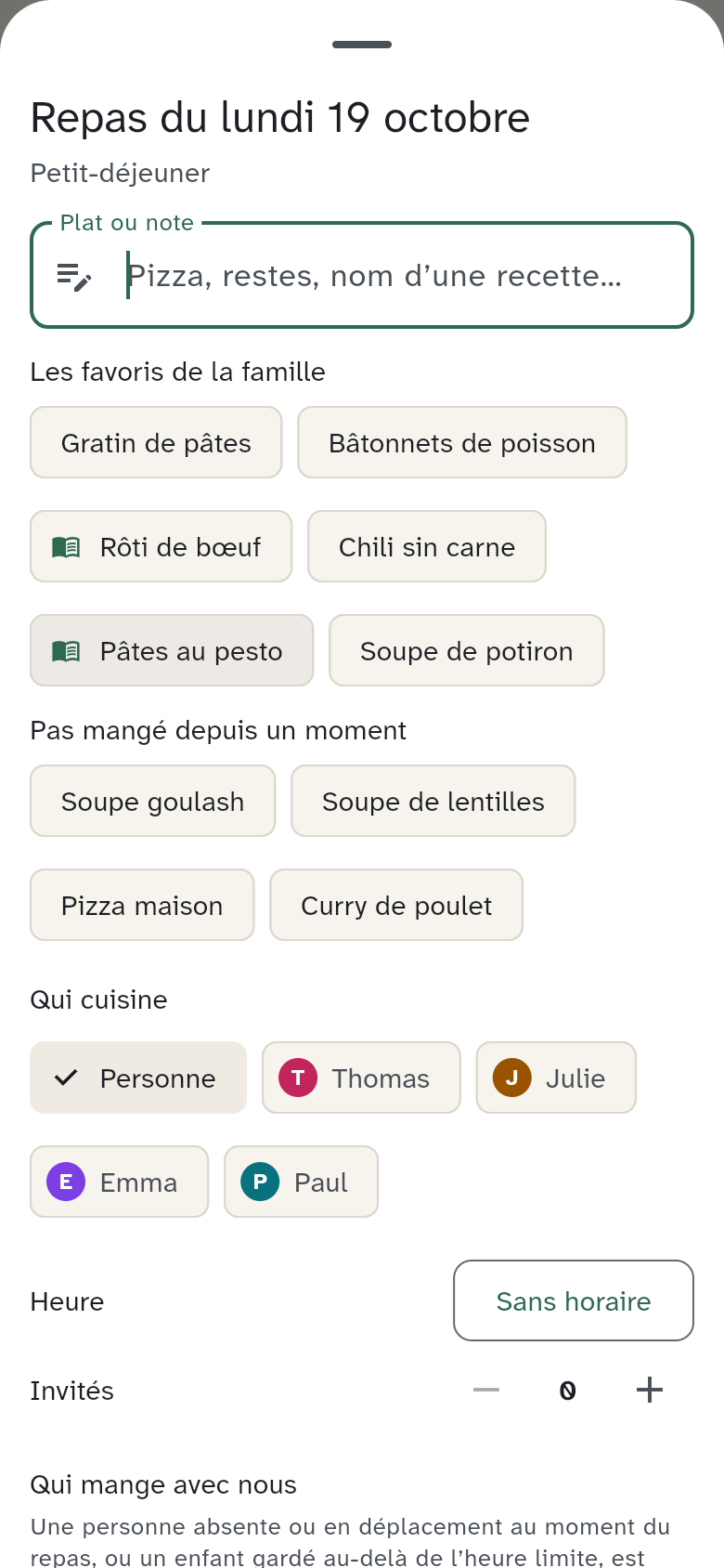 Les suggestions de favoris familiaux et de plats oubliés