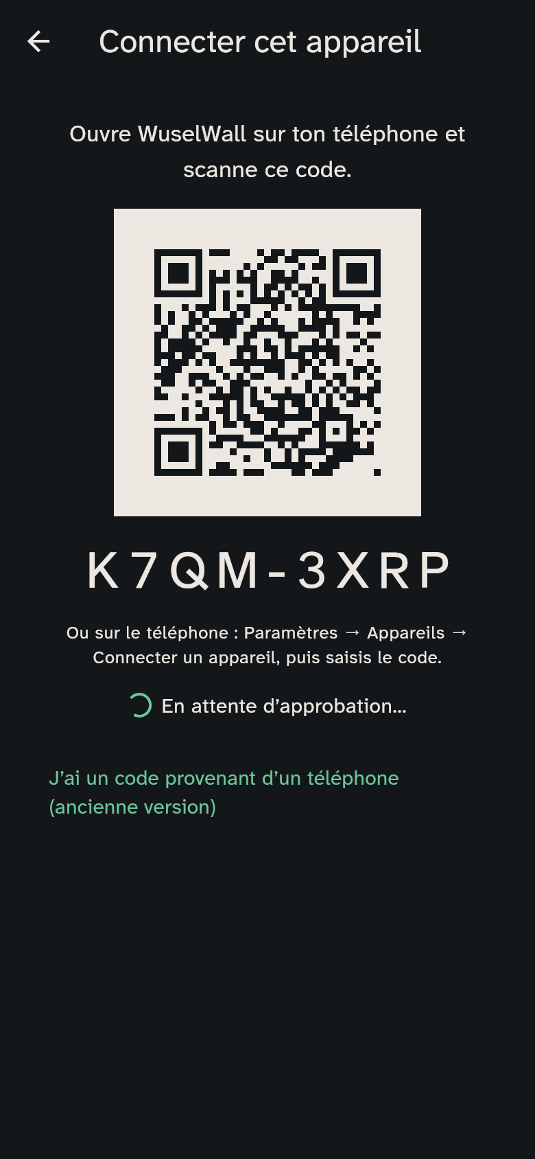 Le code QR et le code du nouvel appareil