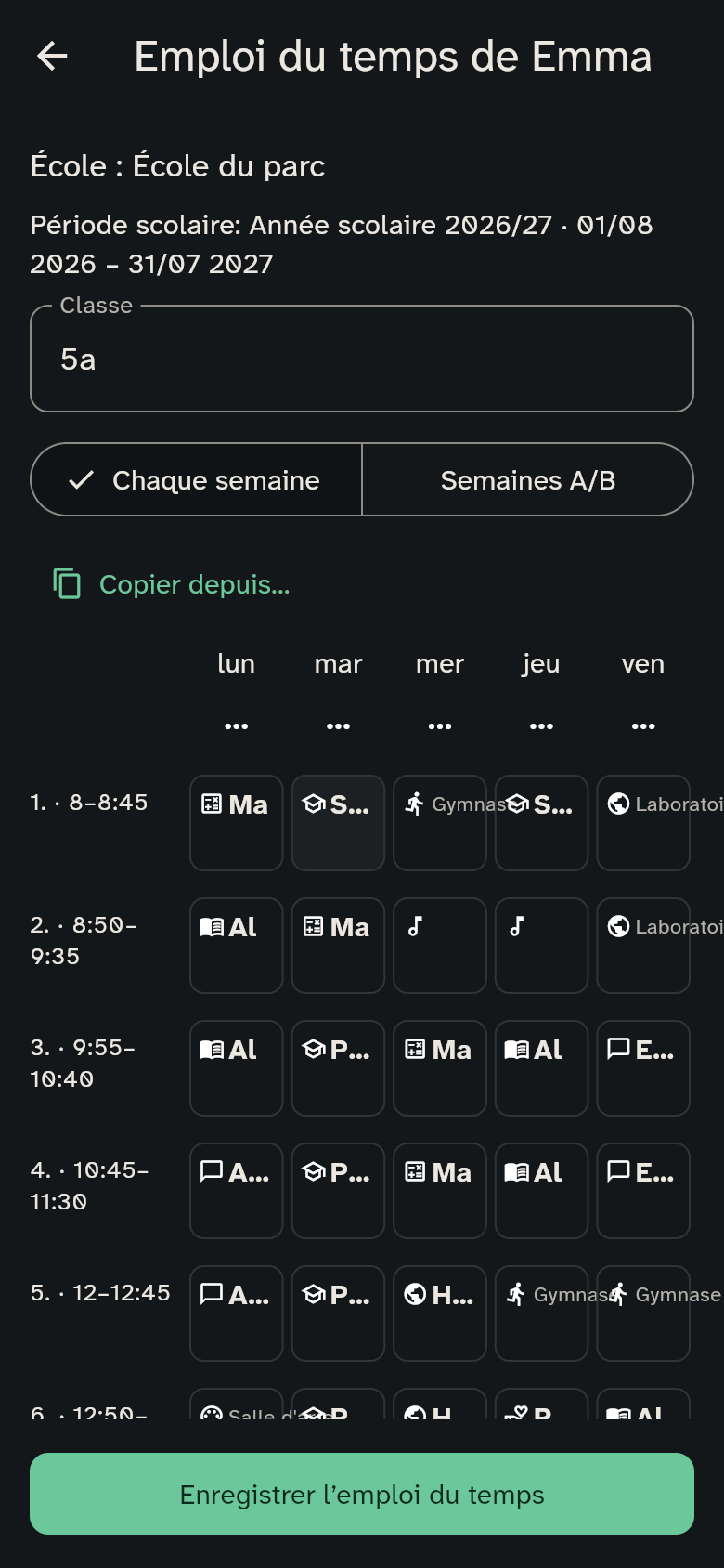 L’éditeur avec l’école, la période et le bouton d’enregistrement visible