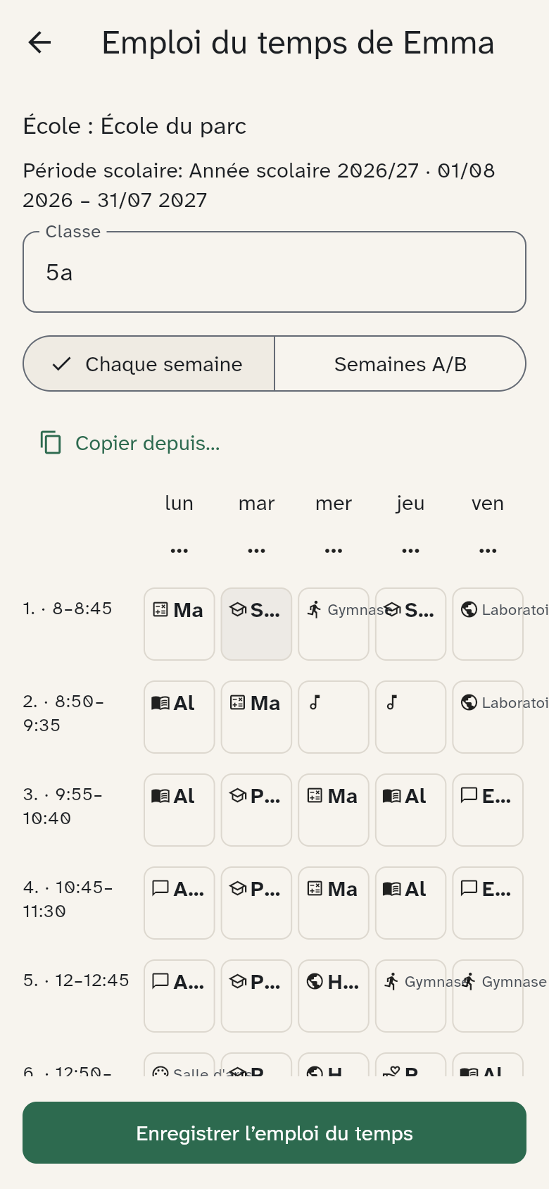 L’éditeur avec l’école, la période et le bouton d’enregistrement visible