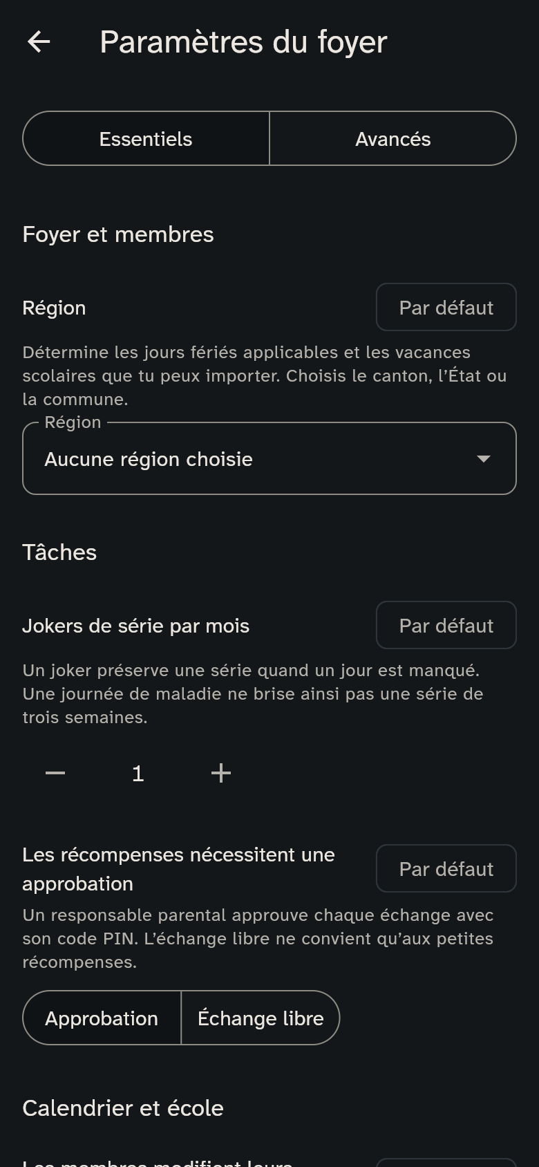 Les paramètres des tâches, du calendrier, des repas et de l’écran de cuisine