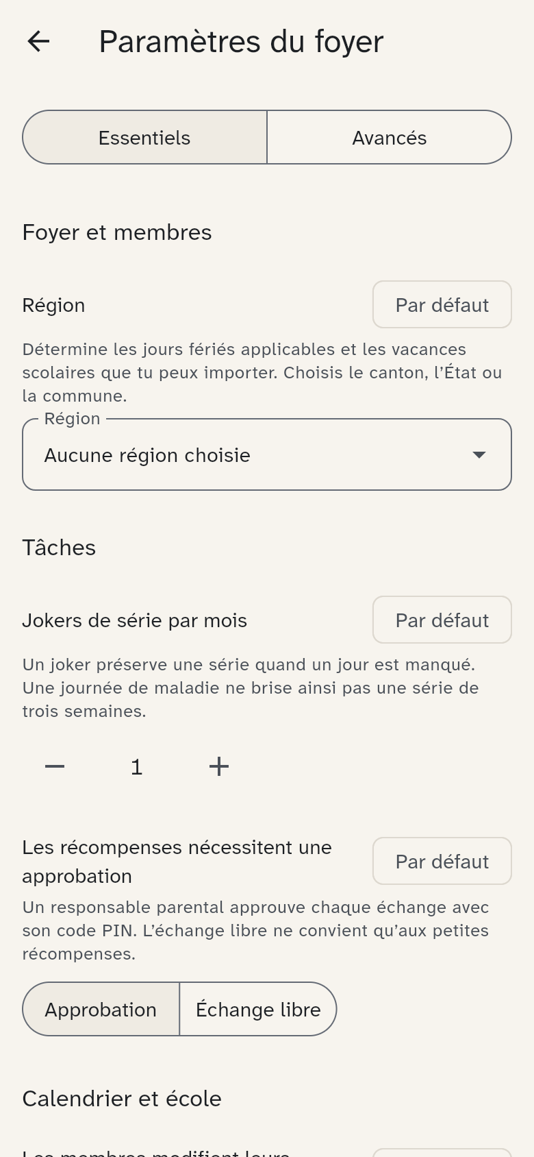 Les paramètres des tâches, du calendrier, des repas et de l’écran de cuisine