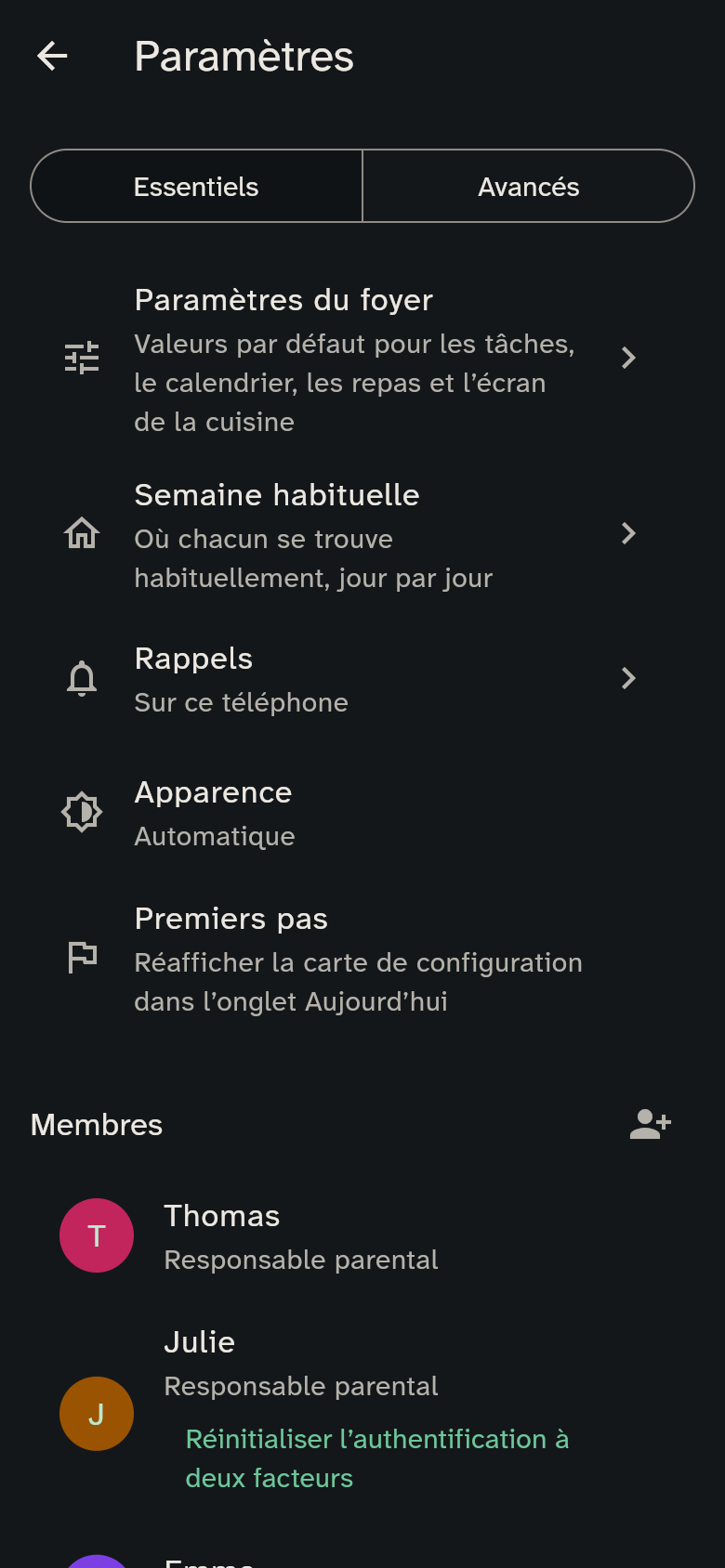 Les paramètres avec les membres et les appareils