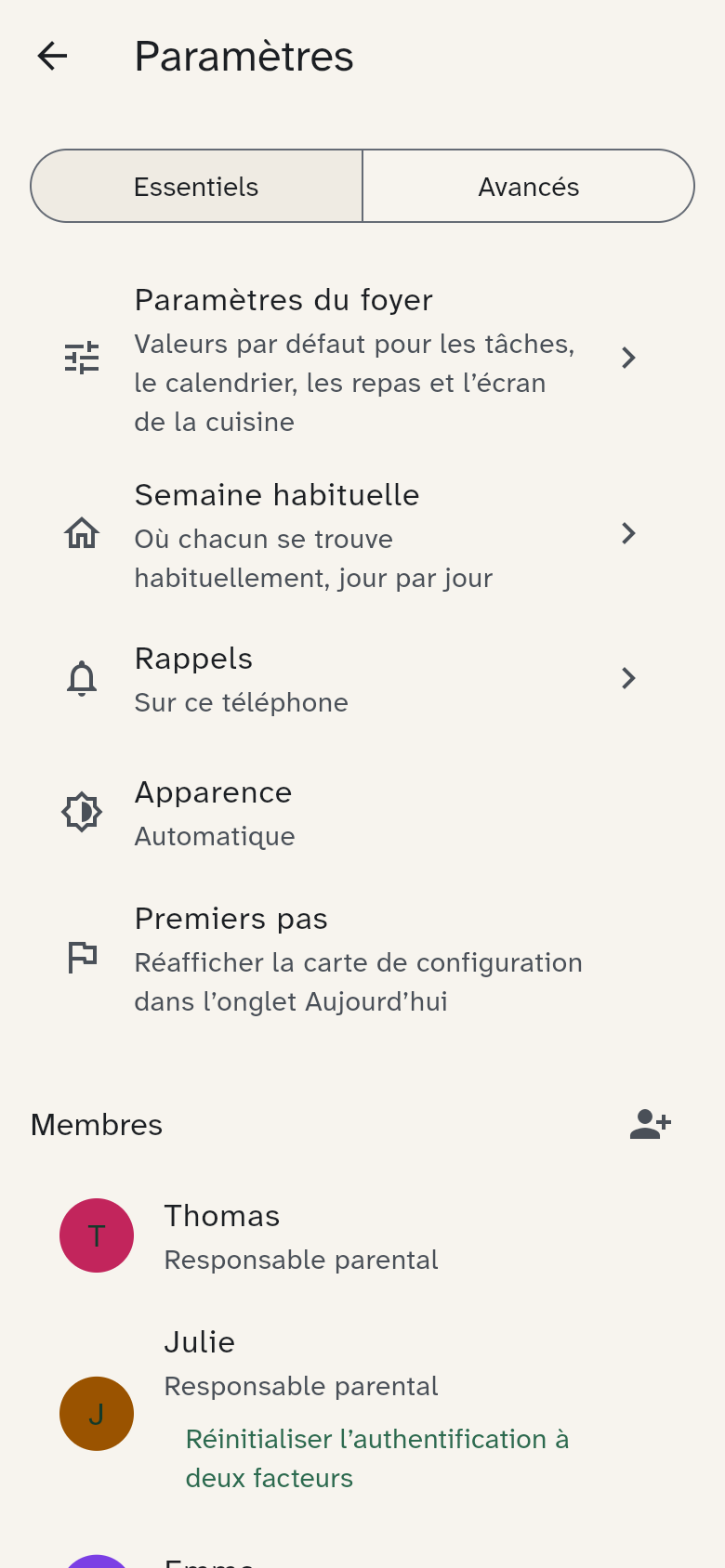 Les paramètres avec les membres et les appareils