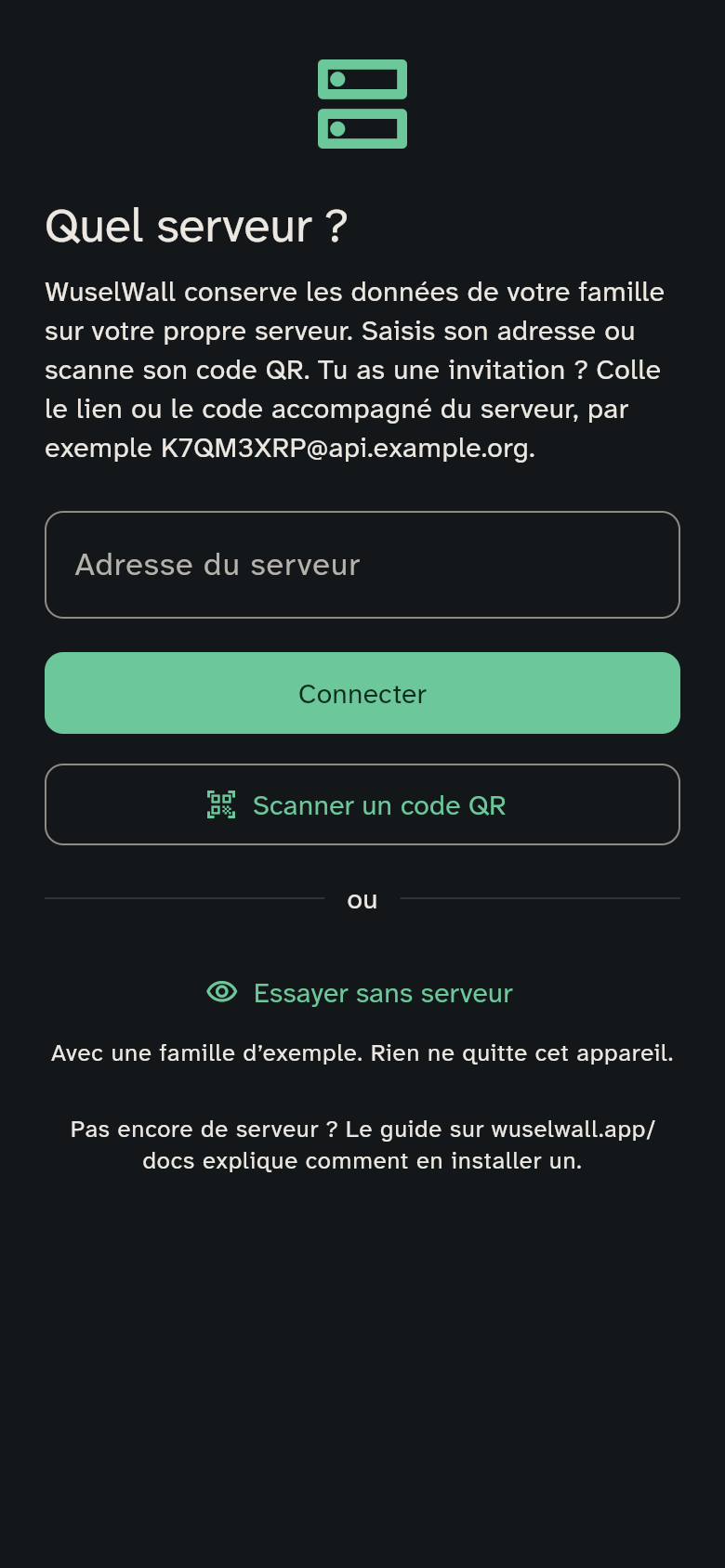 L’écran de choix du serveur
