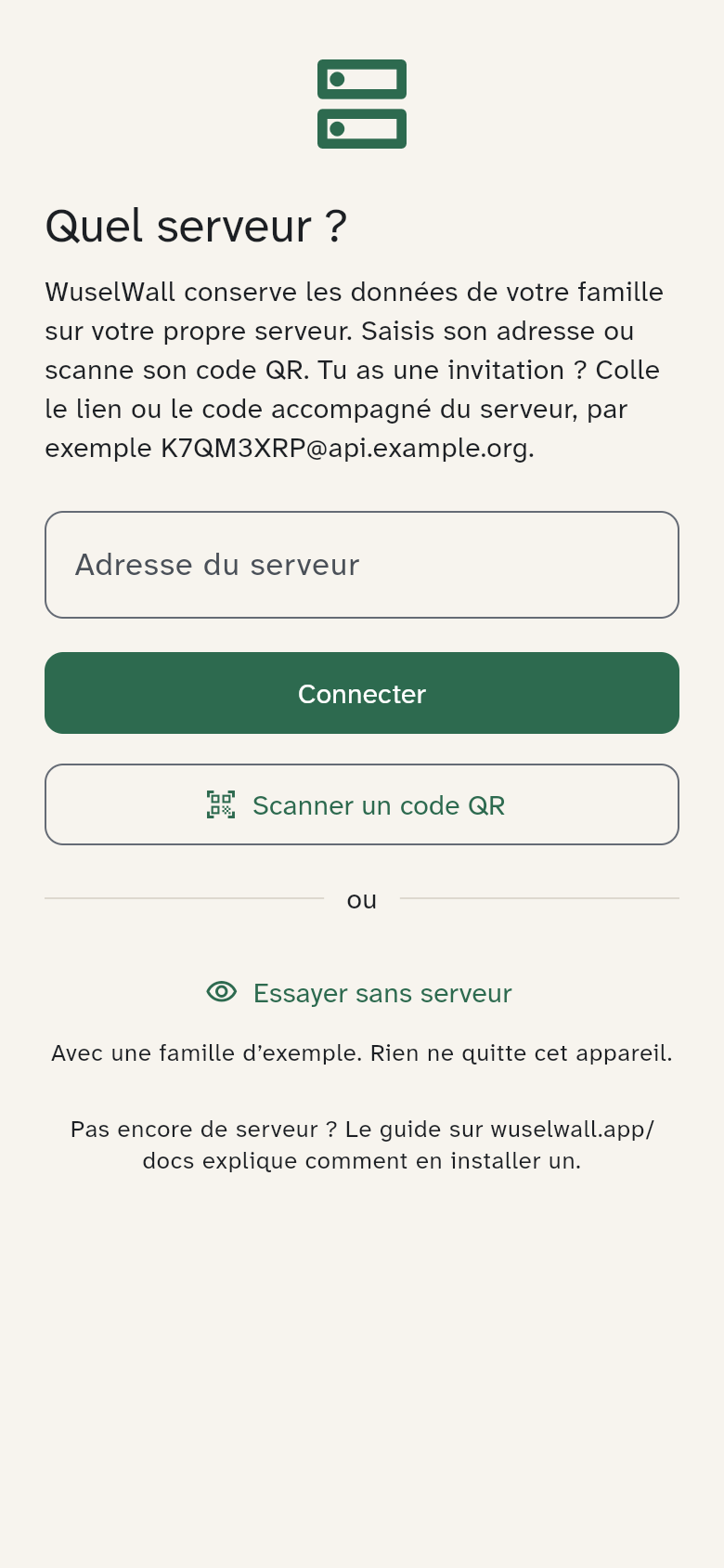 L’écran de choix du serveur