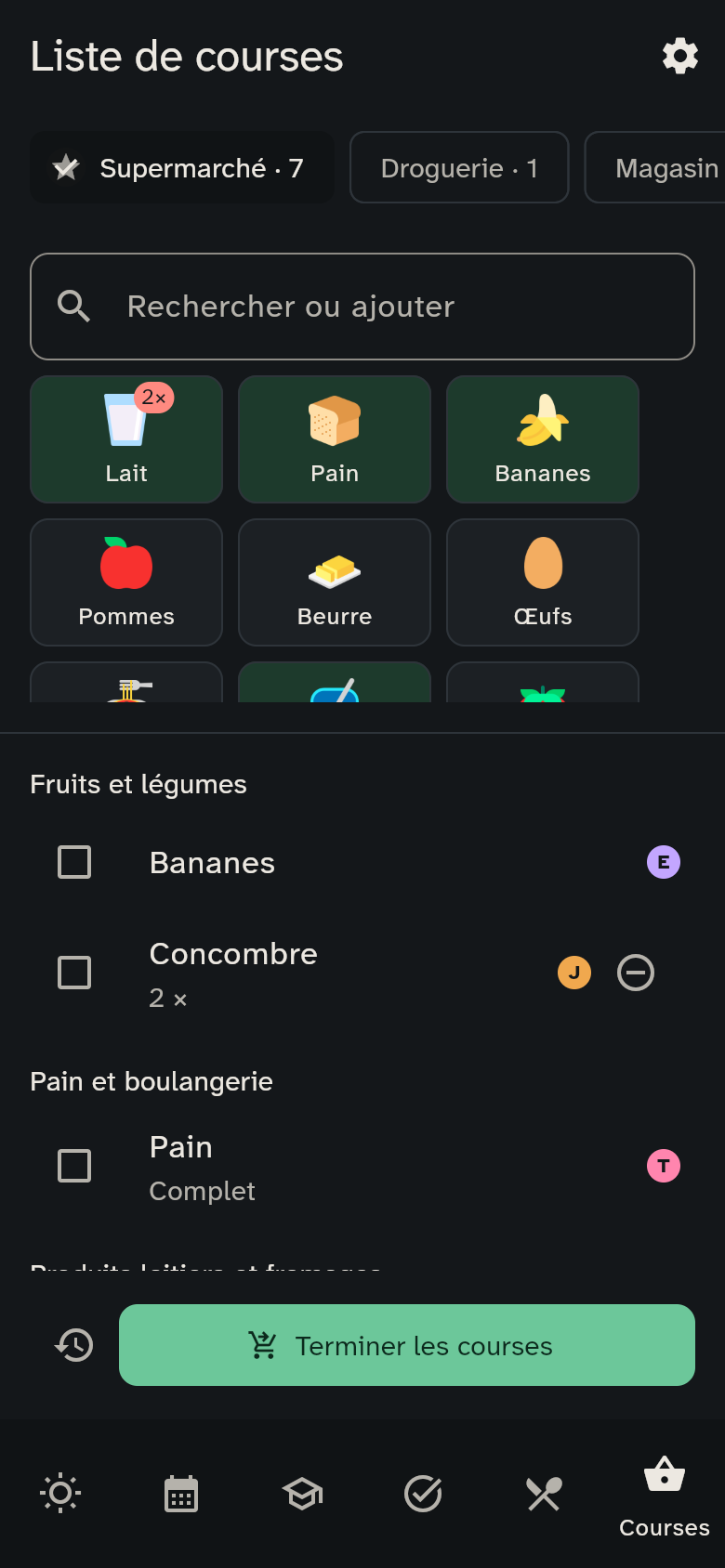 Les tuiles de produits et les courses classées par rayon