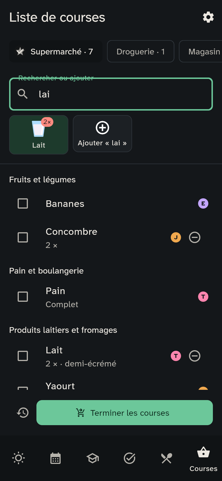 La recherche de lait et les produits correspondants