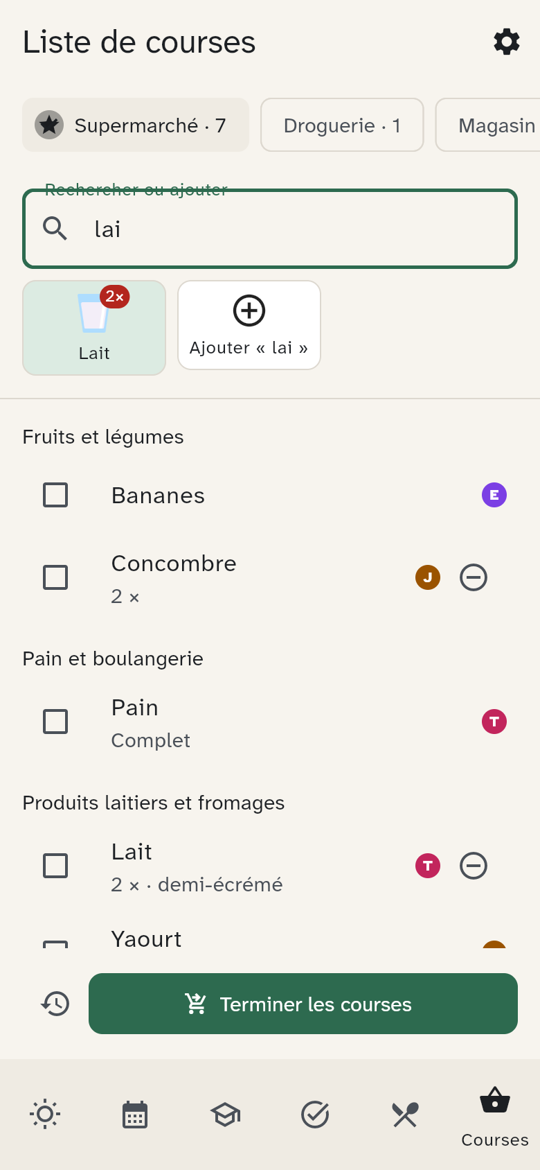 La recherche de lait et les produits correspondants