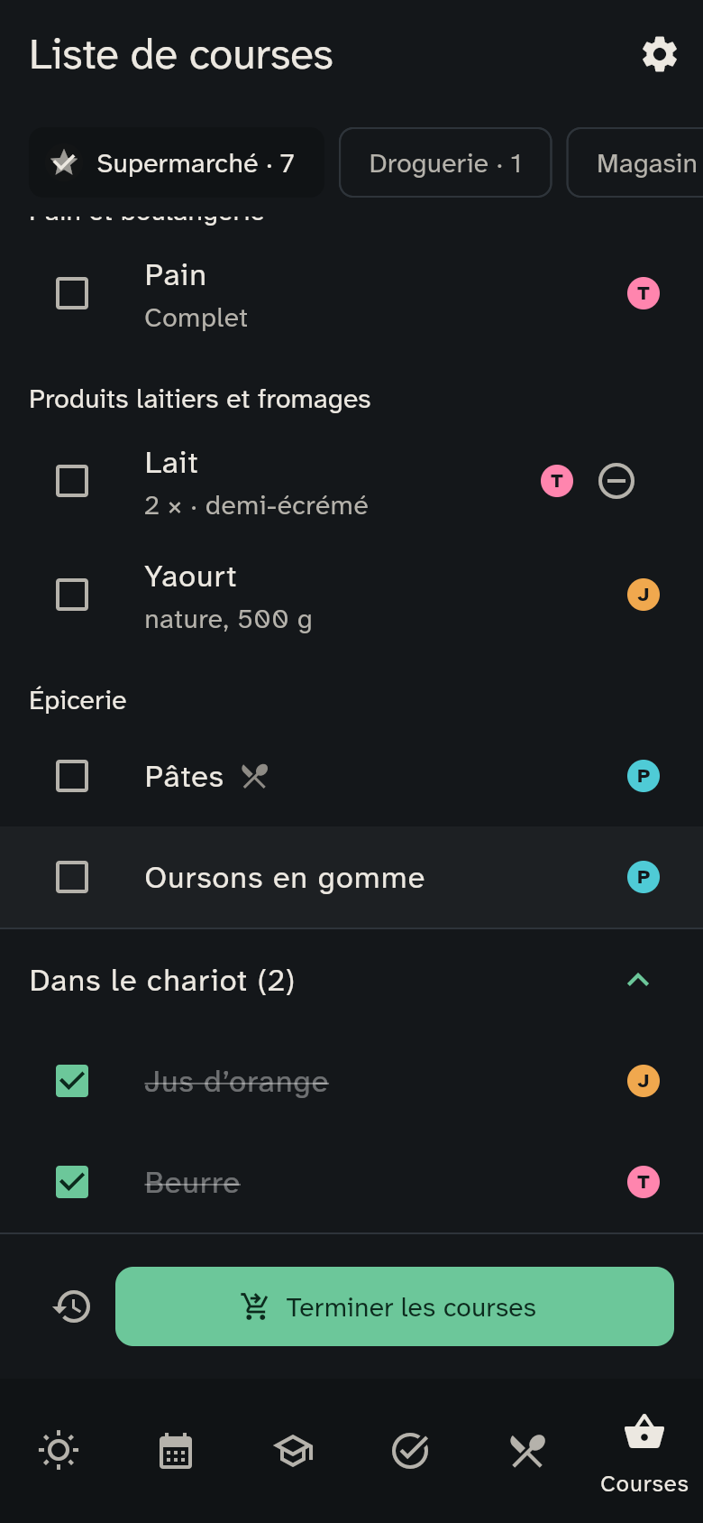 La section Dans le chariot dépliée
