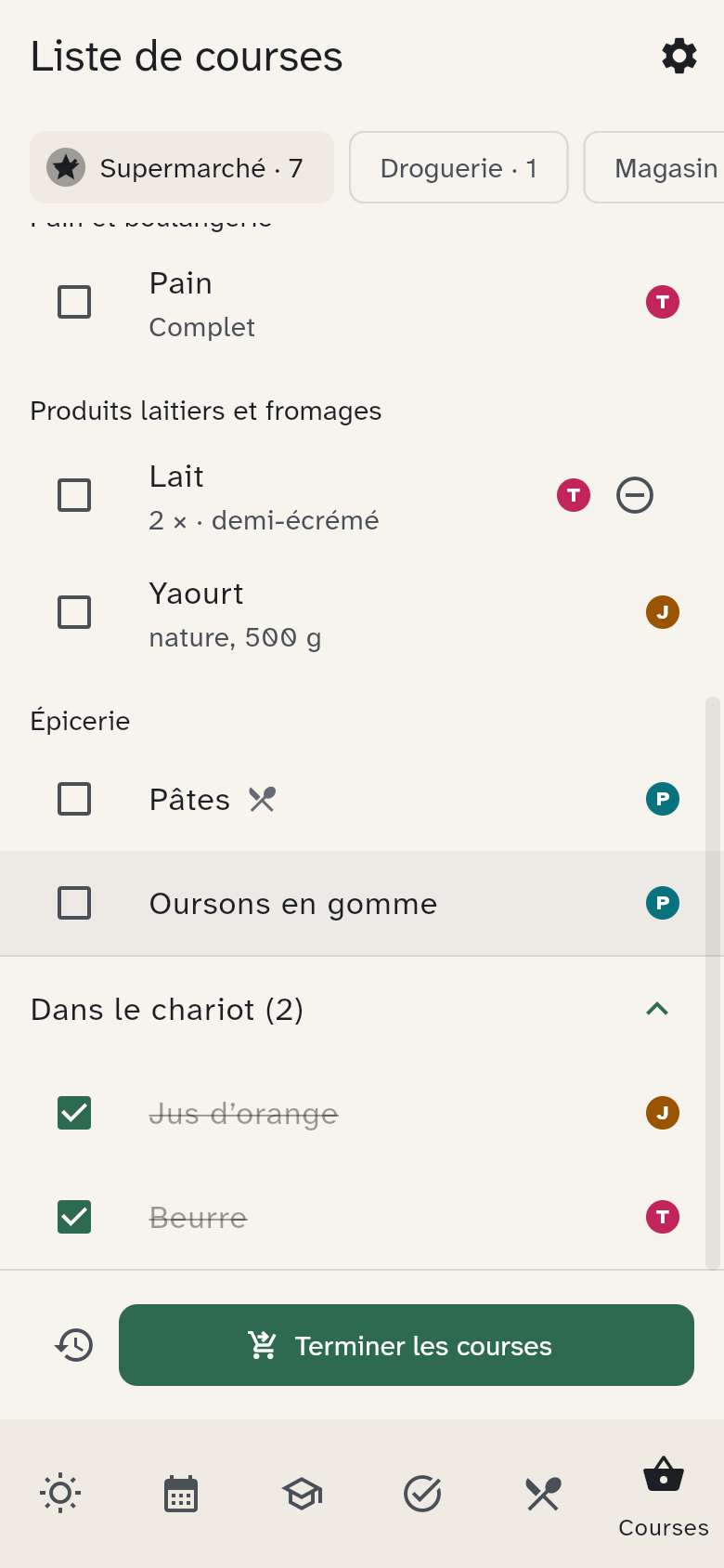 La section Dans le chariot dépliée